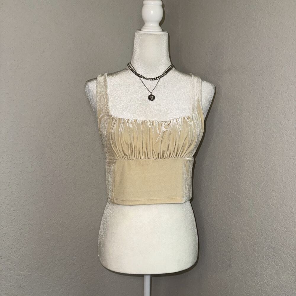 Bear Dance‎ Velvet Crop Top Womens Large Beige Stretch Square Neck Ruched Front